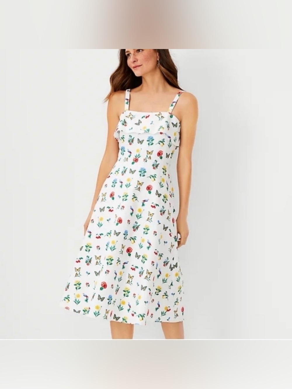 ANN TAYLOR WHITE PETITE BOTANICAL FLORAL BUTTERFLY BIRD MIDI FLARE DRESS 12P